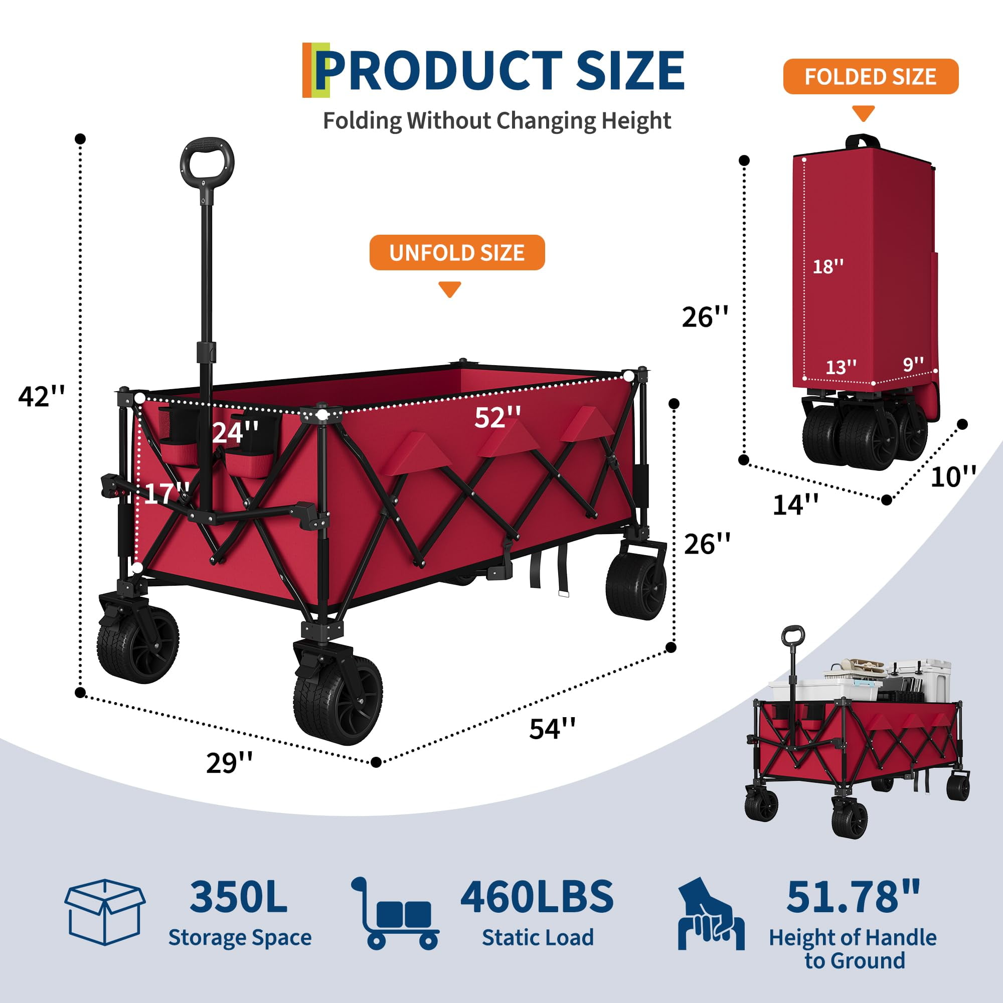 Danolapsi Foldable Wagon for Beach, Extra Large Collapsible Foldable Wagon for Camping, All Terrain Beach Wagons Extended with Cup Holders,460 lbs Capacity