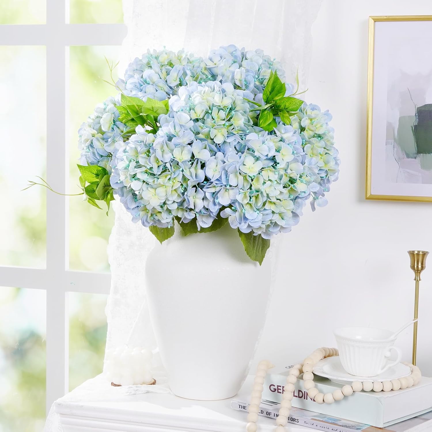 Waipfaru 4Pcs Hydrangea Artificial Flowers,20" Faux Hydrangea Flower with Stems,Full Latex Real Touch Hydrangea Flowers for Office Home Party Wedding Decor(Blue)