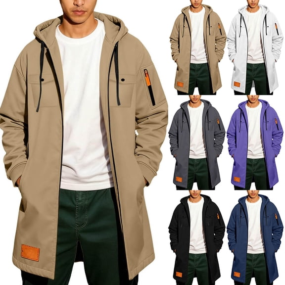 RYDCOT Mens Trench Coat Wool Blend Hoodie Long Jacket Full Zip Winter Classic Business Overcoat with Zipper Pocket White