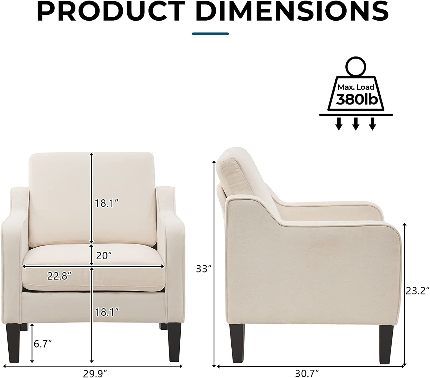 VINGLI Mid-Century Accent Chairs, Upholstered Linen Armchairs for Living Room/Bedroom, Beige (Set of 2)