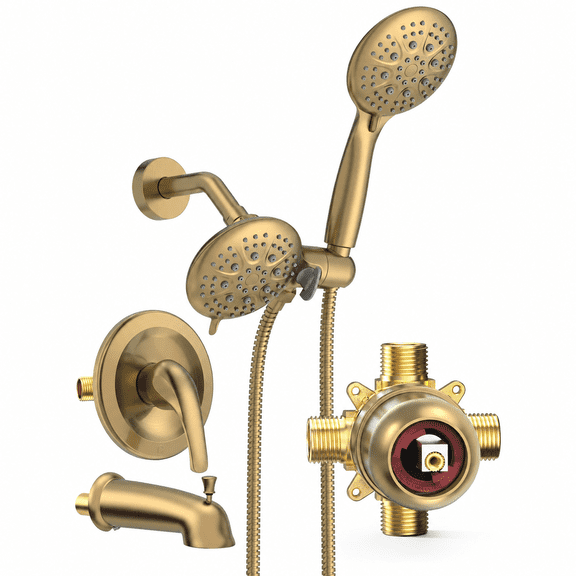 SR SUN RISE Tub and Shower Faucet System, Dual Shower Heads with Handheld 3-Way Diverter Combo Set, 6 Spray Setting, Valve and Trim Kit, Gold