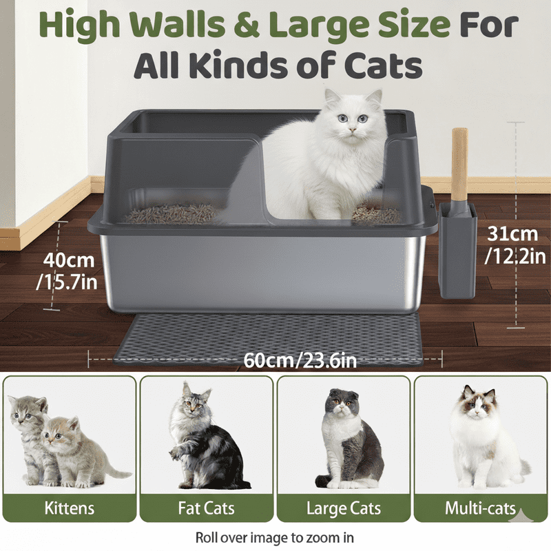 Gimars XL Stainless Steel Cat Litter Box 60 x 40 x 31cm, 36L High Sided Metal Litter Tray with Scoop and Mat
