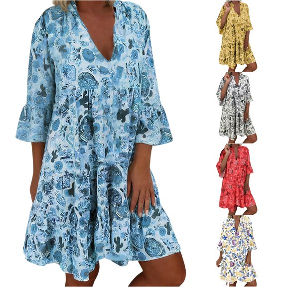 XIAONU Tiered Loose Fit Mini Dress for women Turn Down Collar Three Quarter Bell Sleeve Daily Summer Short Tunic Dress