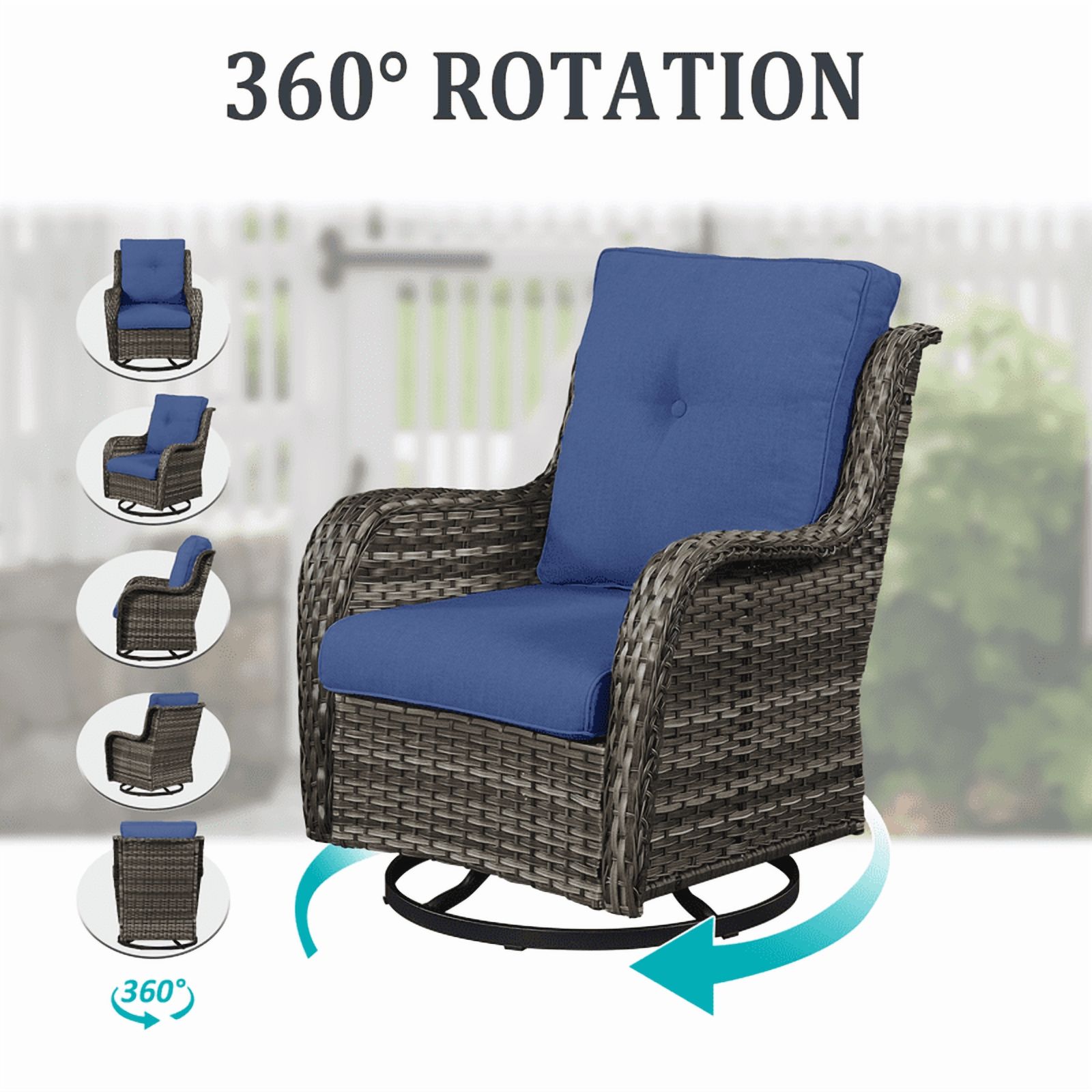 4 Piece Patio Furniture Set with 41" Fire Pit Table, Outdoor All Weather Wicker Rattan Furniture with Swivel Rocking Chairs and 3-Seat Sofa for Backyard Balcony Deck, Blue/Gray