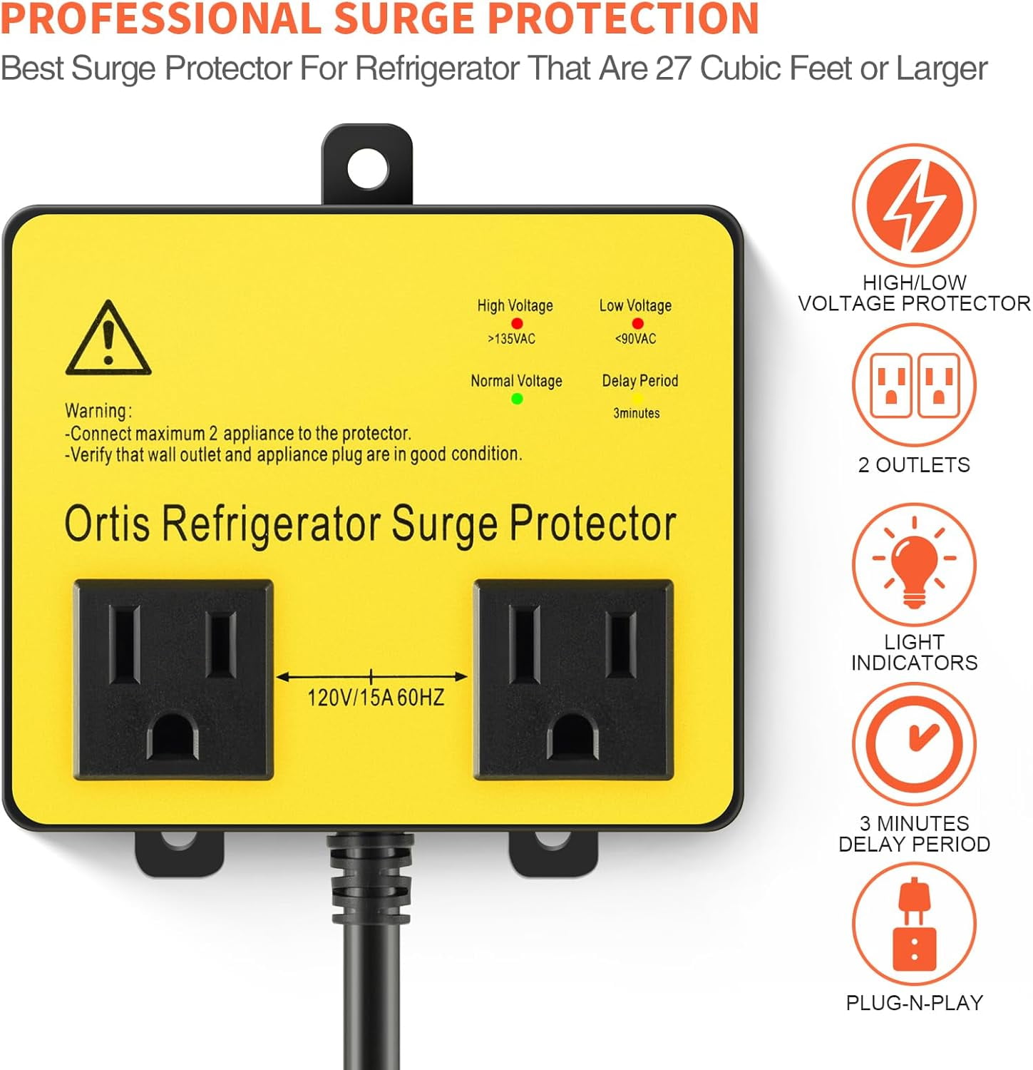 Refrigerator Surge Protector, Ortis Double Outlet RV Appliance Surge Protector with Time Delay & Real-Time Electricity Usage Monitor, Protects All Voltage Abnormalities, White