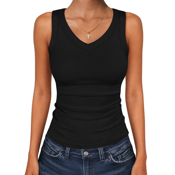 ANRABESS Women's Ribbed Knit V Neck Tank Tops 2026 Summer Slim Fitted Basic Tee Soft Camisole Tops Casual Sleeveless Shirts Black XXL