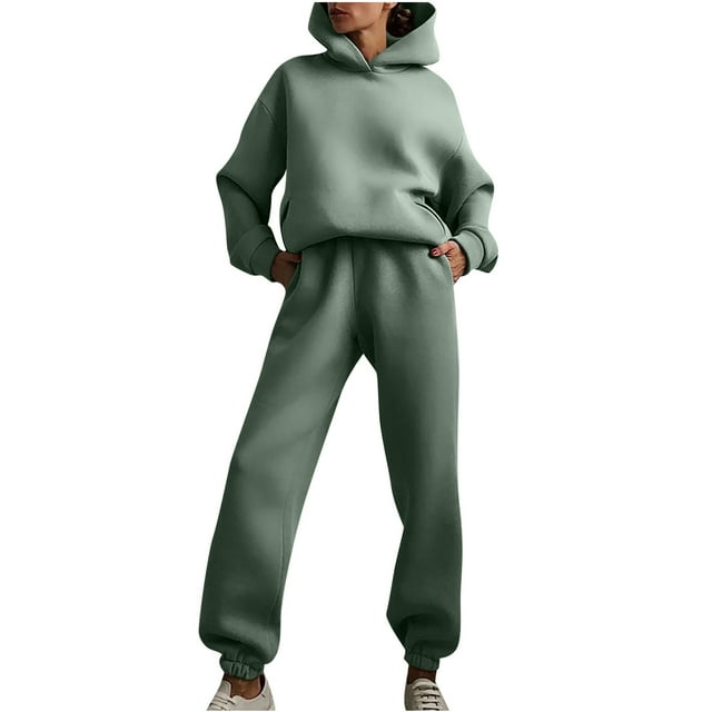 Ensemble de Chandails en Molleton à Capuche pour Femmes, Deux Pièces, Manches Longues, Pantalon Long, Décontracté, Uni