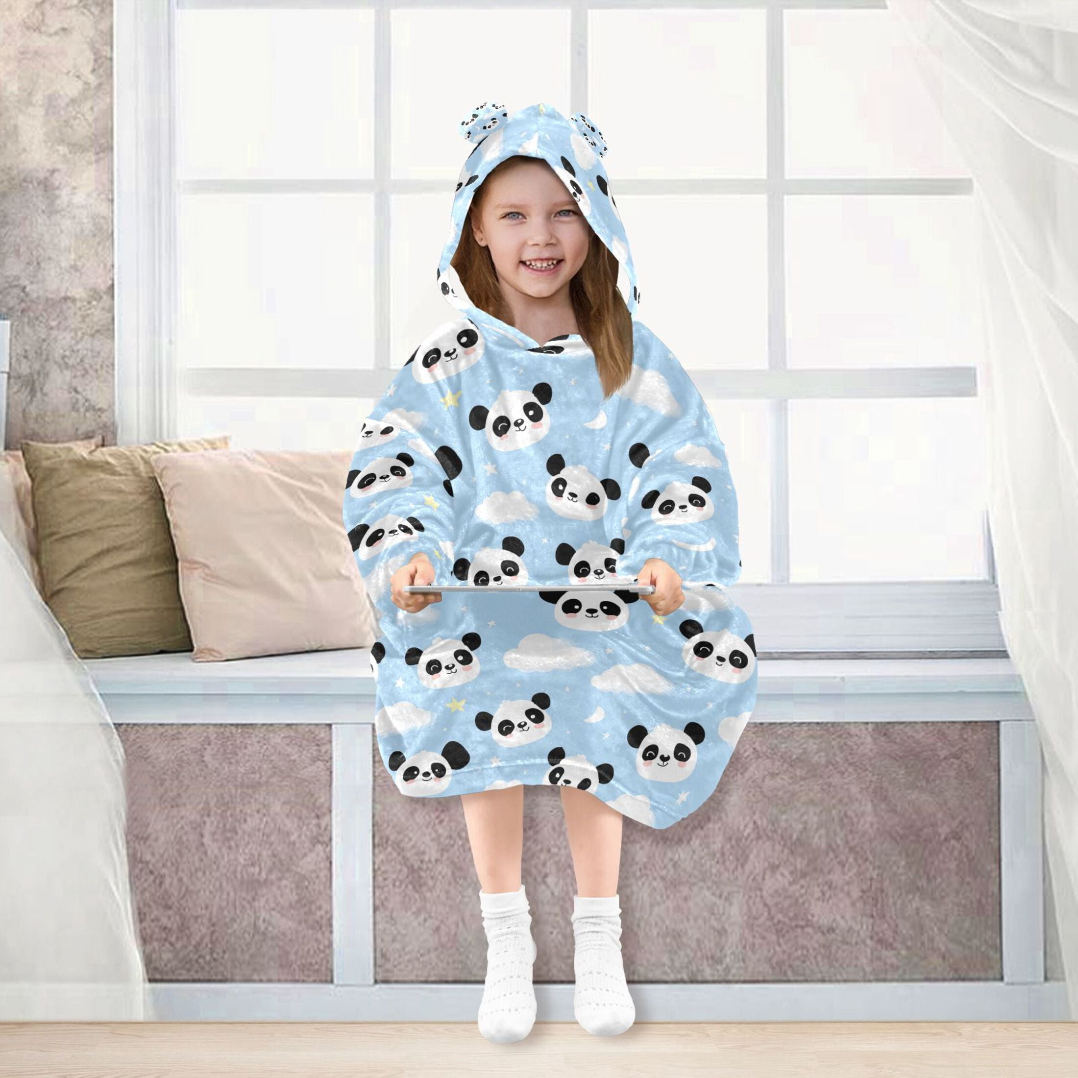 Wearable Blanket Hoodie for Cute Panda Clouds and Stars Flannel Hooded Blanket with Pockets and Sleeves Suitable