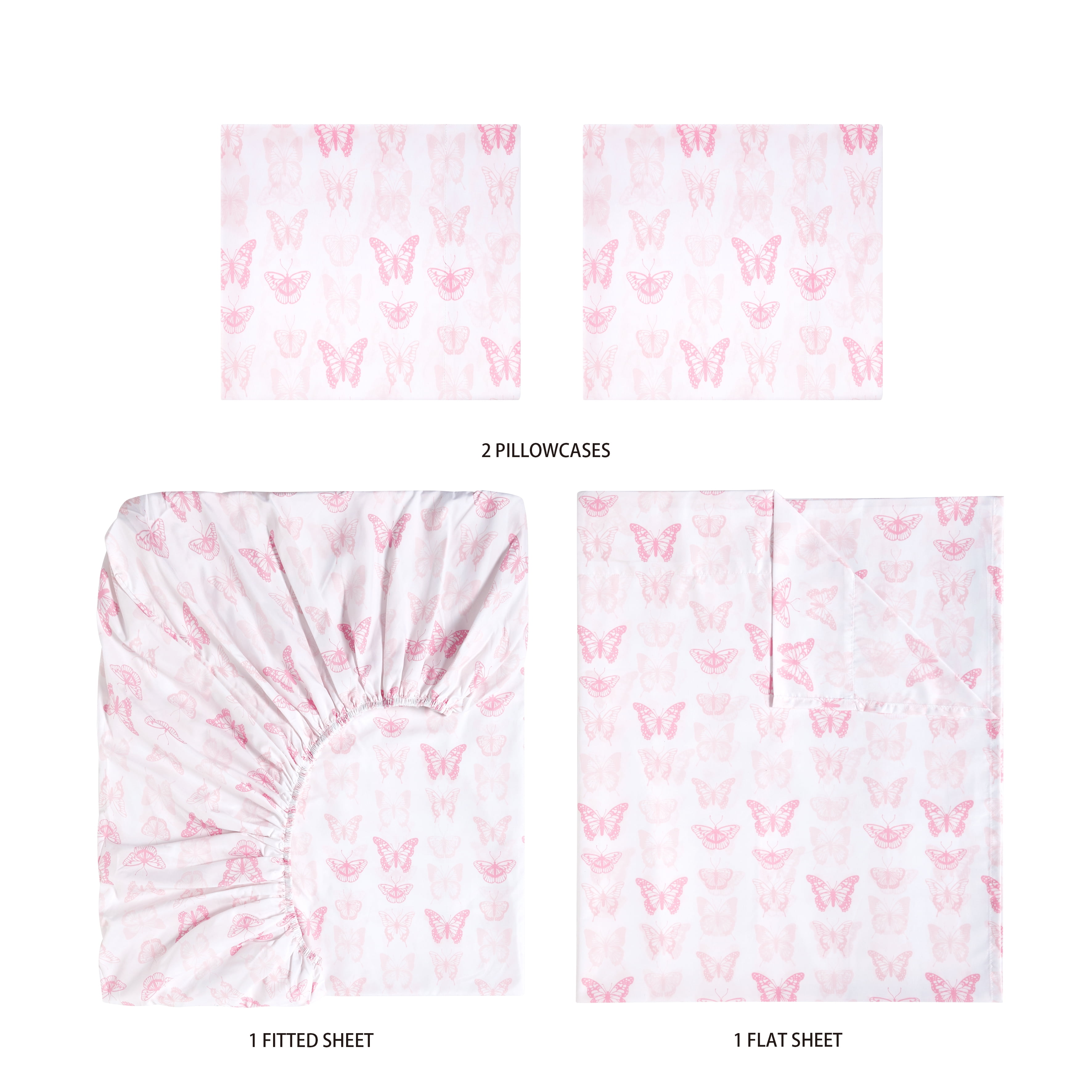 Your Zone Kids Super Soft Microfiber Sheet Set Full, Pink Butterfly, 4 Piece