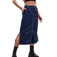thumbnail image 1 of Falda midi de mezclilla cintura elástica bolsillo lateral cordón falda de mezclilla dividida para mujeres citas, 1 of 7