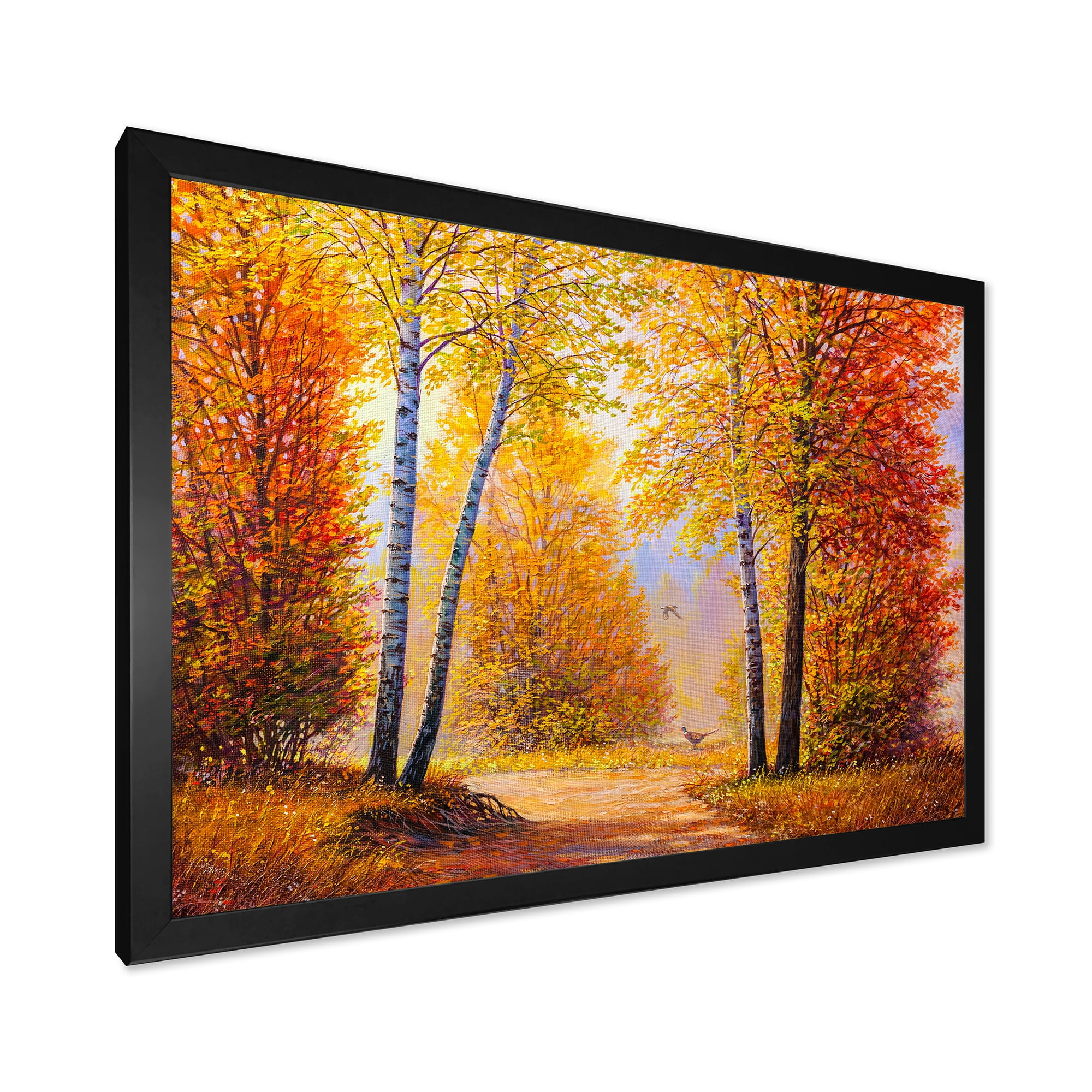 Designart 'Sunrise Glow Through The Autumn Trees' Lake House Framed Art Print
