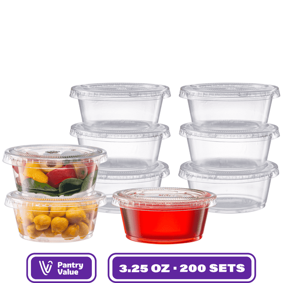 Pantry Value 3.25 oz Jello Shot Cups with Lids, Plastic Portion Cups with Lids, Disposable Condiment Cups and Sauce Containers for Dressings, Dips and Samples, 200 Sets
