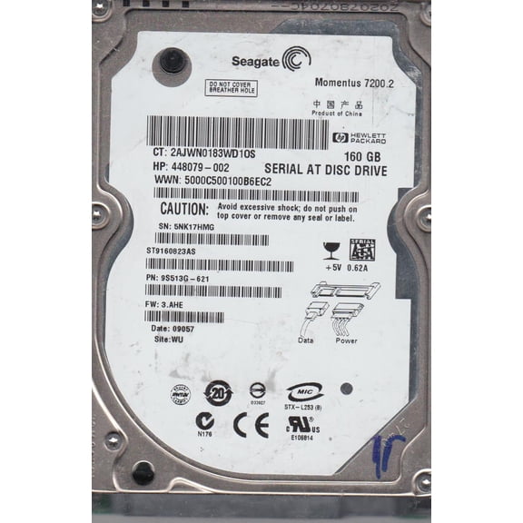 ST9160823AS, 5NK, WU, PN 9S513G-621, FW 3.AHE, Seagate 160GB SATA 2.5 Hard Drive
