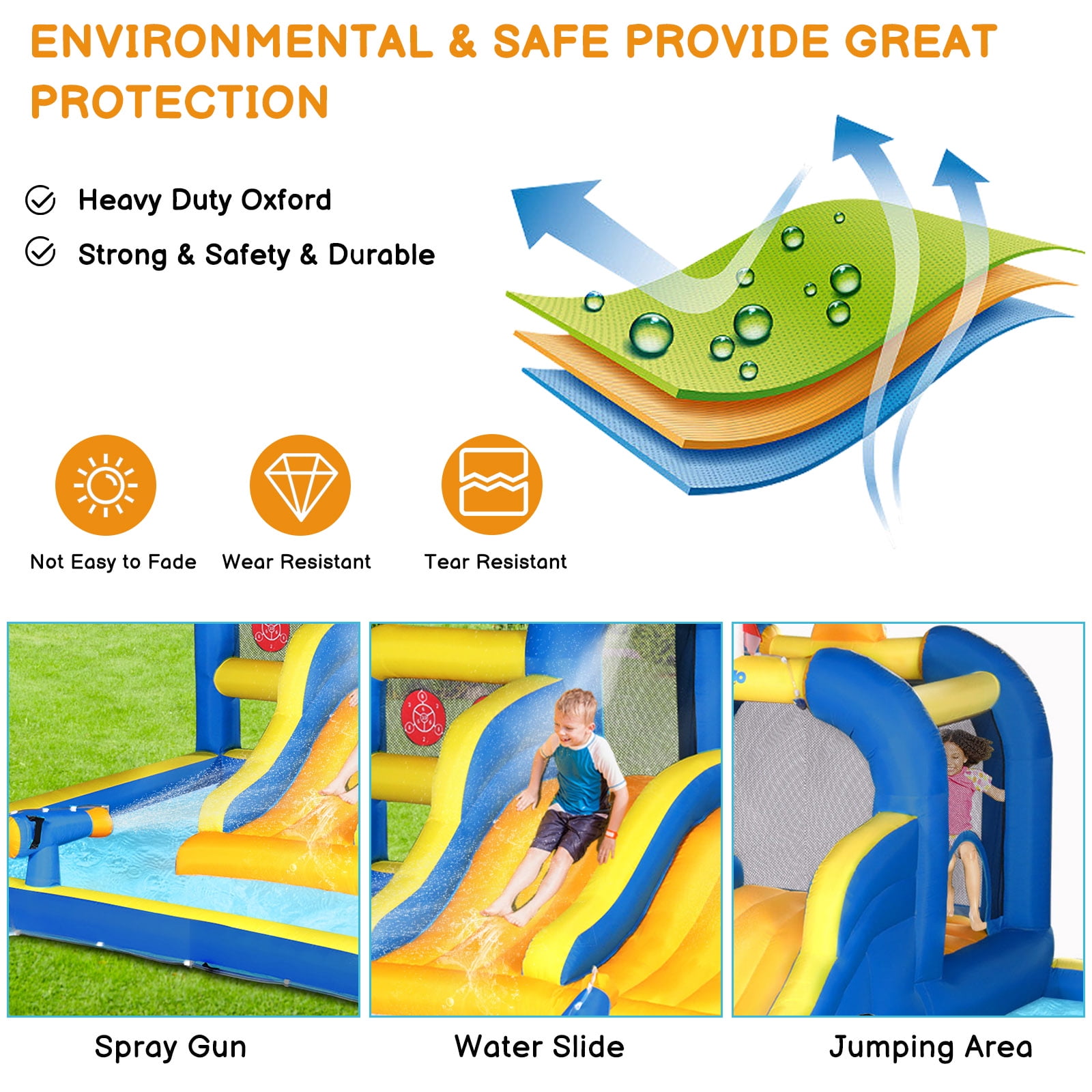 Ktaxon 7-in-1 Inflatable Water Slide Bounce House with Blower, Dual Slides Water Park, Bounce Area & Basketball Hoop for Kids Backyard