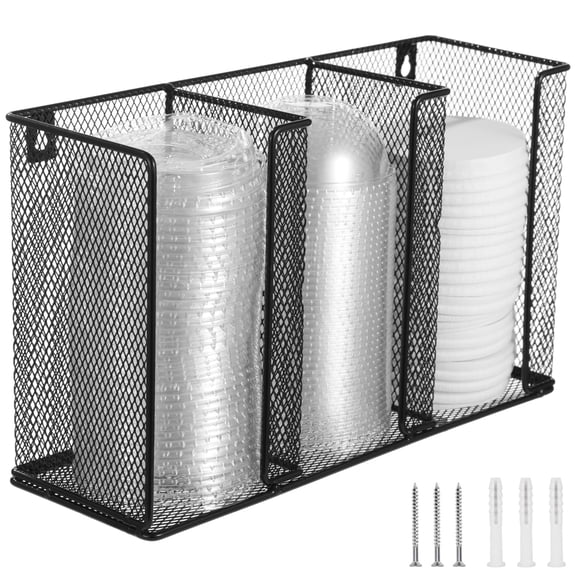 Wall Mount Coffee Cup Lid Holder, Metal Mesh Disposable Cup Dispenser, 3-Compartment Coffee Cup Organizer 13 x 7.9 x 4.5 in, Portion Sauce Cup Lid Organizer, Black