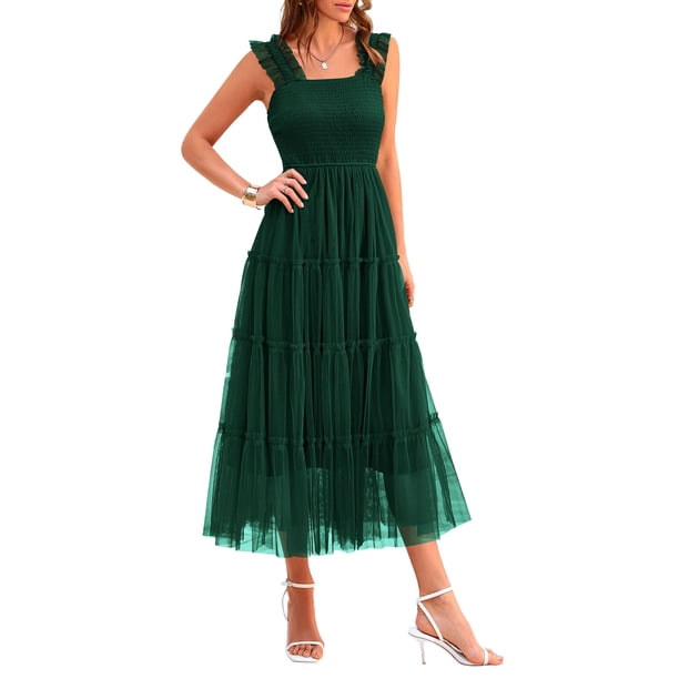 Vestido PRETTYGARDEN Midi de Tul sin Mangas con Fruncido Verde Oscuro XL