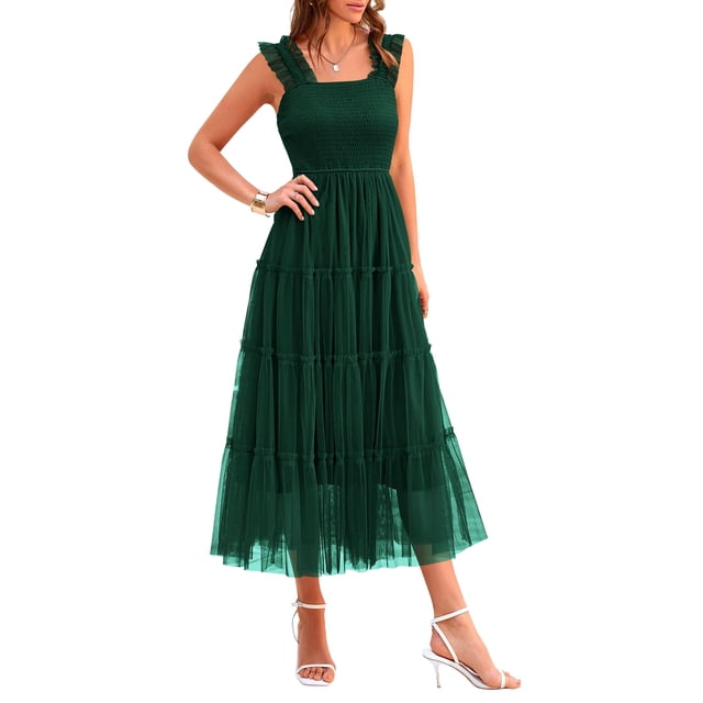 Vestido PRETTYGARDEN de tul sin mangas con fruncido midi verde oscuro S