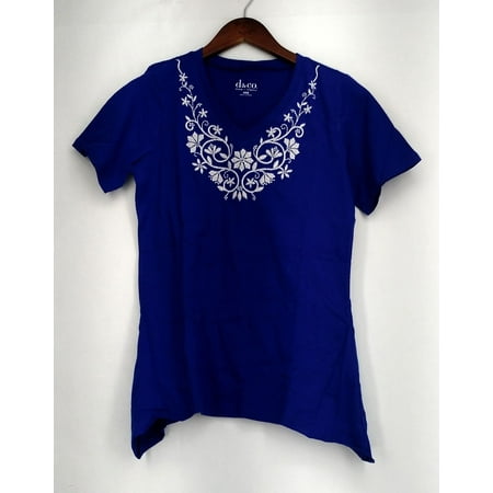 - Denim & Co. Top Sz XXS Embroidered V-Neck Short Sleeve Trapeze Blue A232980