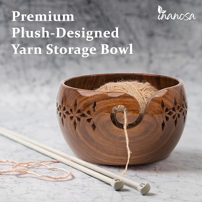 Inanosa 7x4 Inches Rosewood Yarn Bowl for Crocheting with 5,6 mm Crochet Hook, Preventing Slipping and Tangles | Best Gift from Craft Supplies for Crochet Lovers - Adults and Beginners | Brown, 1 Pc