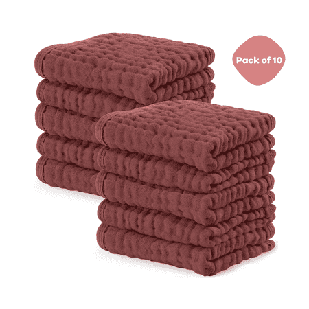 Comfy Cubs Baby Washcloths Muslin Cotton Baby Towels Large 10"x10" Wash Cloths (Wine Pack of 10)