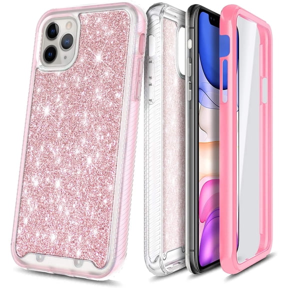 For iPhone 11 Case, with Built-in Screen Protector, Nagebee Full-Body Protective Rugged Bumper Cover, Shockproof Durable Case (Pink Glitter)