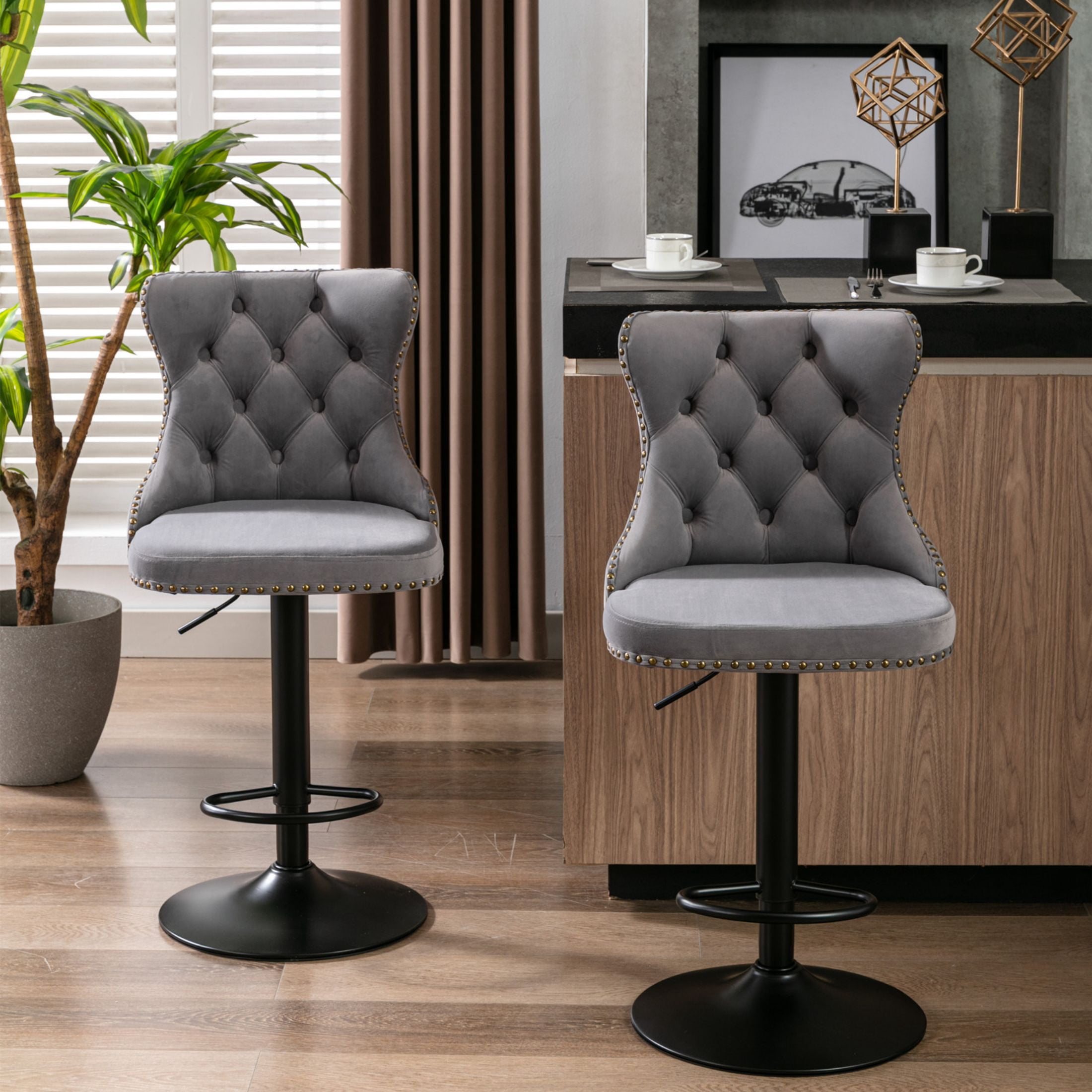PORKISS Bar Stools, Velvet Adjustable Swivel Barstools with Back Set of 2, Modern Upholstered Kitchen Island Chairs with Tufted for Home Bar, Gray