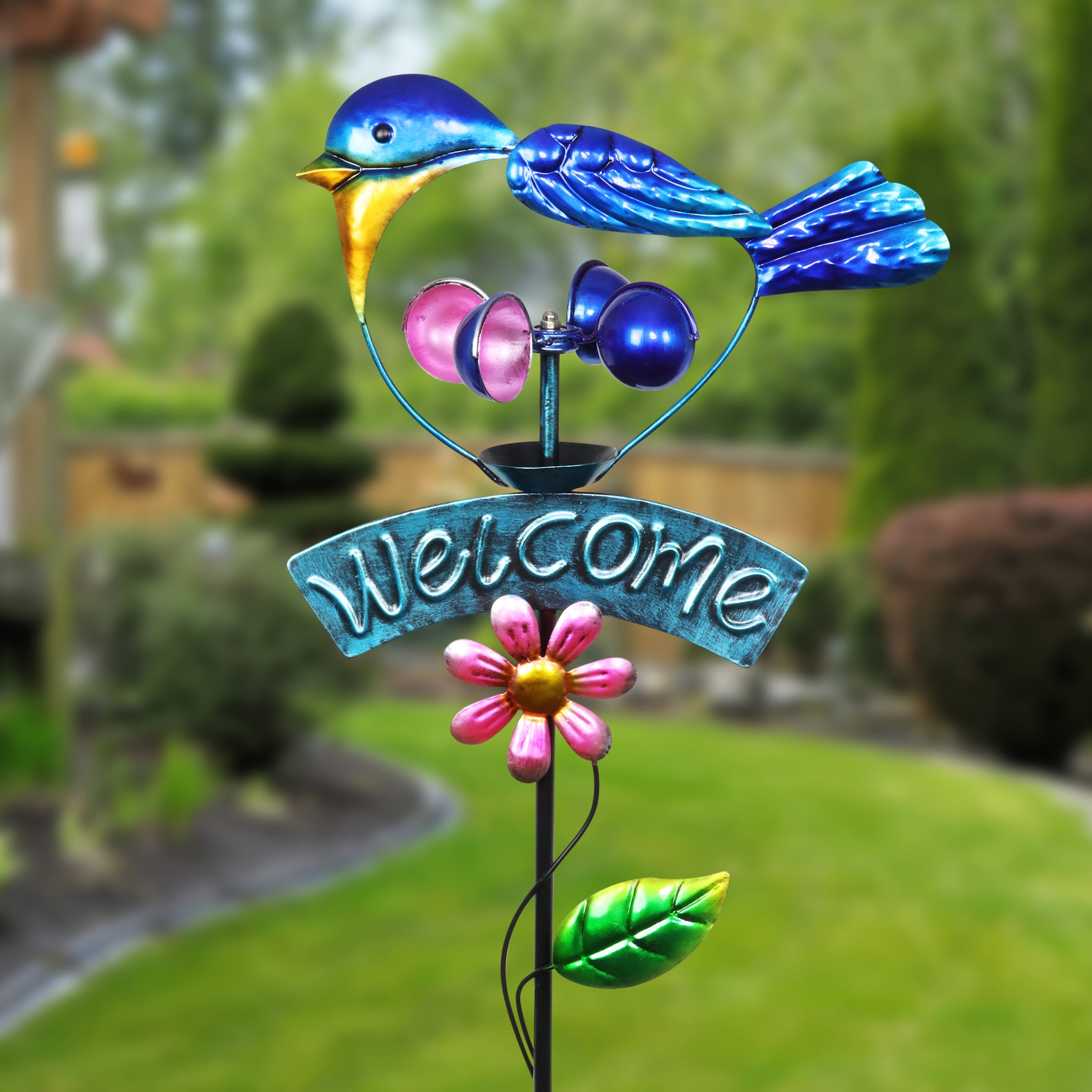 Red Cardinal Welcome Sign Garden Stake Hand Painted with Wind Spinner 11 by 36 