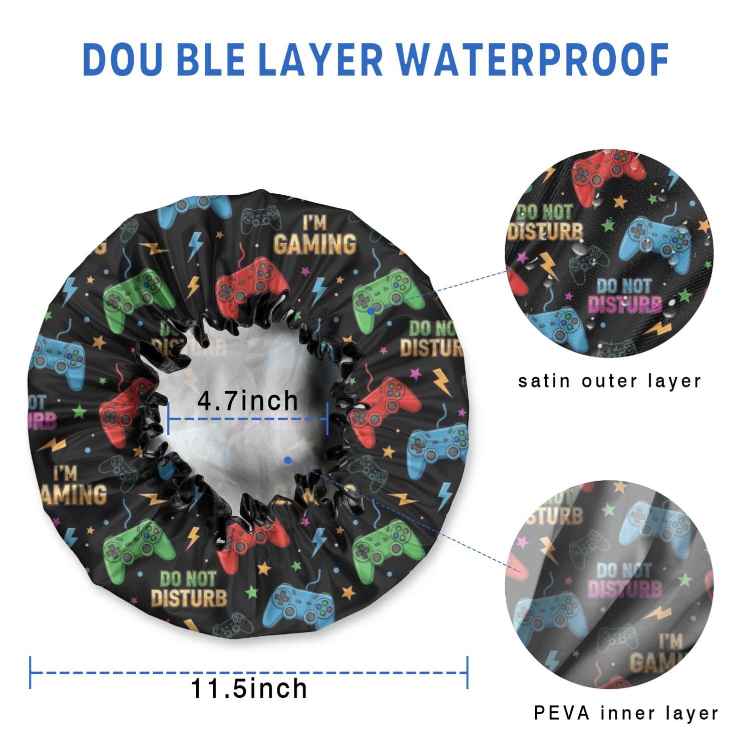 Shower Caps,Colorful Games Sign Black Pattern Waterproof Shower Cap for Women 4 Pieces,Double Reusable Hair Cover for Shower PEVA Elastic Stretch Hem
