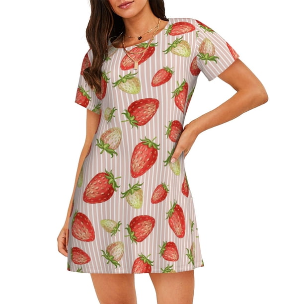 Fotbe Strawberries Bata de Dormir para Mujer con Estampado, Camisón de Algodón de Manga Corta, Ropa de Dormir Casual