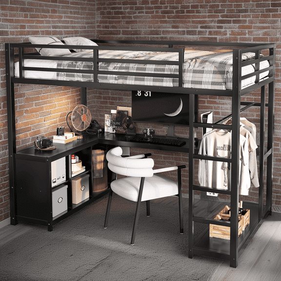 Twin Loft Bed with Wardrobe and L-Shaped Desk, Metal Loft Bed Frame with Storage Cubes & Shelves, Space Saving All-in-One Loft Bed for Small Spaces, Black