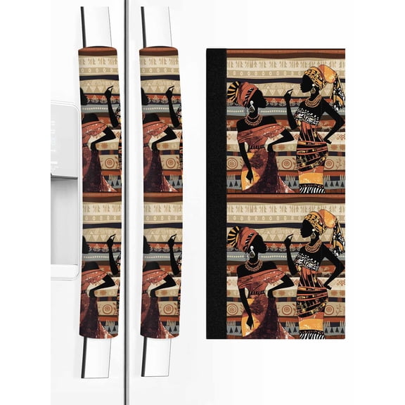 African Women Refrigerator Door Handle Covers Set of 2, Black Boho Tradition Ethnic Southwest Kitchen Fridge Microwave Oven Dishwasher Stove Cabinet Handle Protectors, Washable Appliance Decor