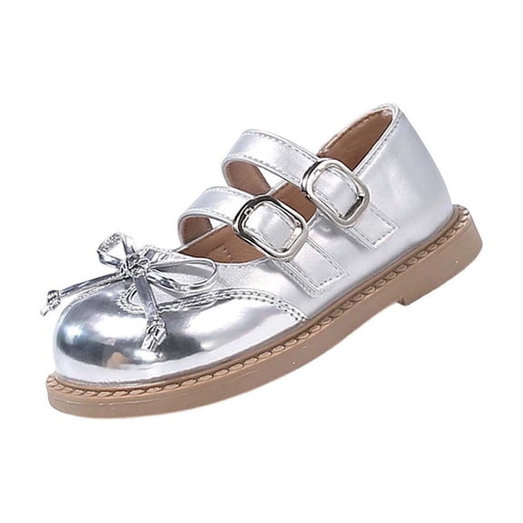 IVEYRTF Girls Bow Mary Shoes with Low Heel for Summer Princess Style Casual Flats for Kids Pretty and Comfortable Shoes(Silver,5-5.5 Years)