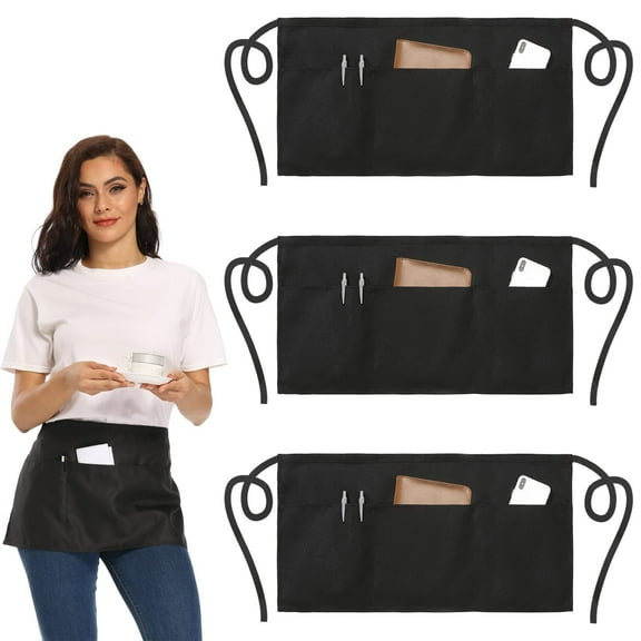 Aprons with Pockets for Women Waitress Server Aprons with 3 Pockets Water Resistant Half Waist Apron 3 Packs