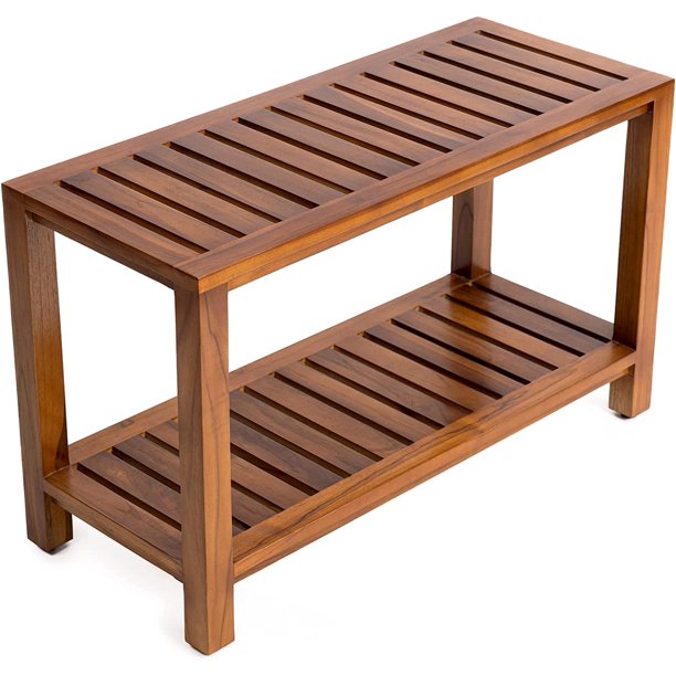 Teak Wood Waterproof Shower Bench with Shelf, 30 Inch, Wooden Seat
