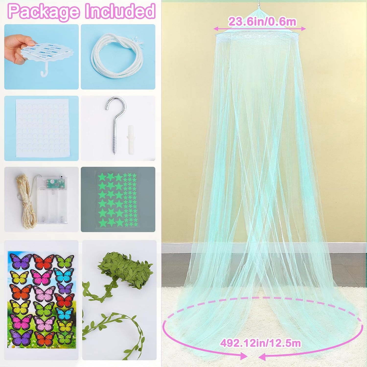 CAILDANL Bed Canopy for Girls Room Bed Canopy Curtains with Led Lights Mosquito Net DIY Princess Room Décor with Stars Butterflies for Kids Bedroom, Hot Pink