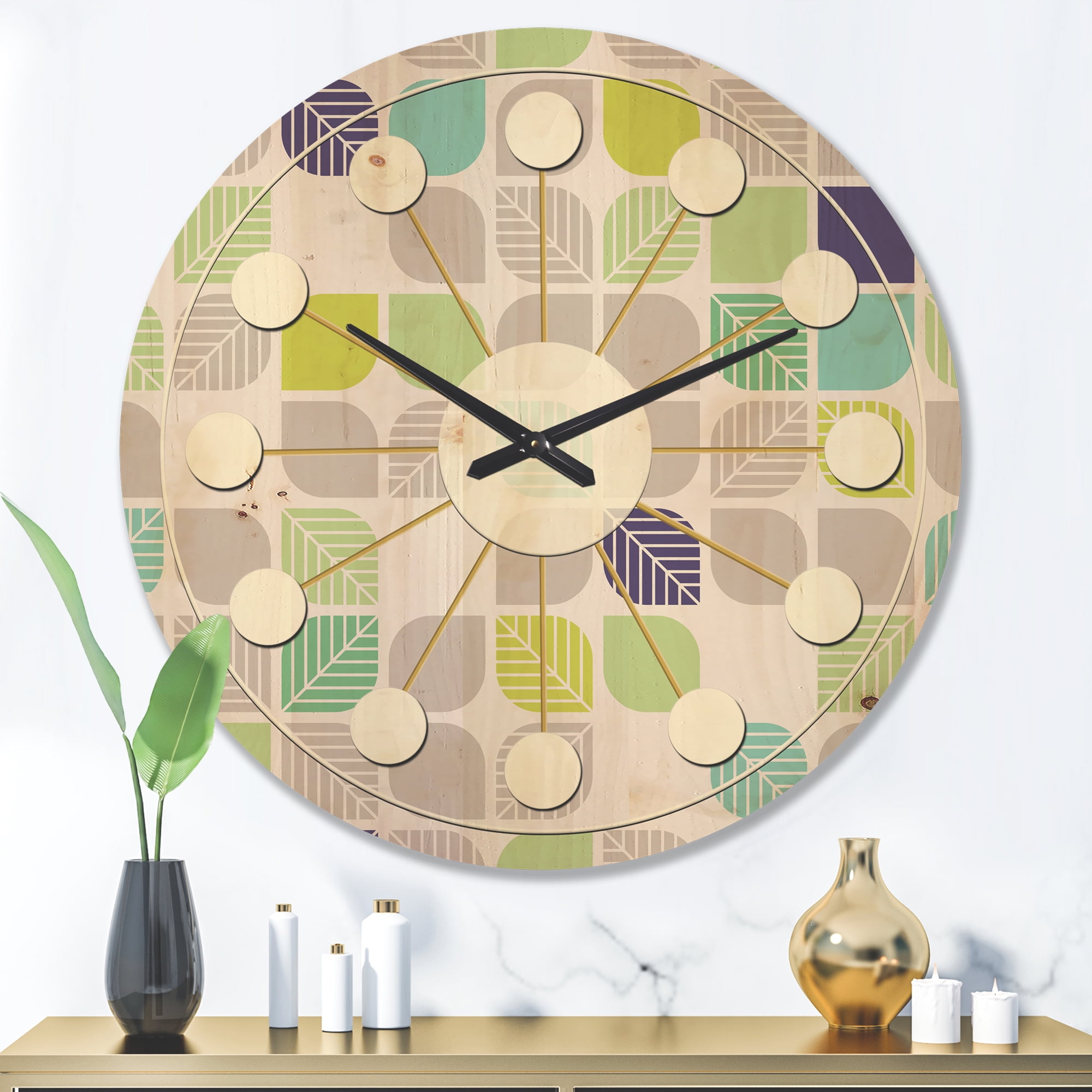 Designart 'Leaves With Geometric Pattern' Mid-Century Modern Wood Wall Clock