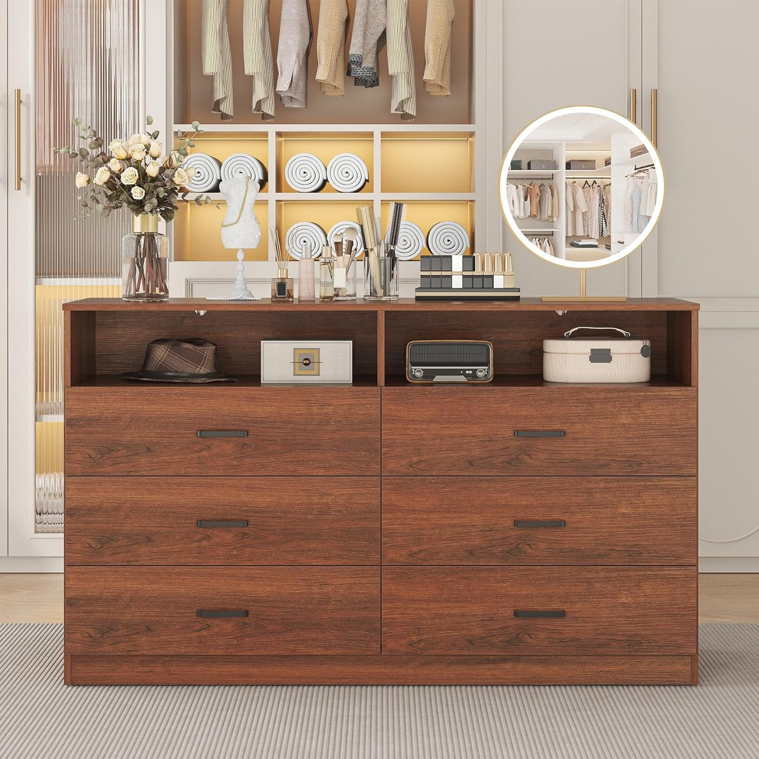 Frmobepts Wood Dresser for Bedroom, 6 Drawer Dresser with Open Storage Cubby,Brown