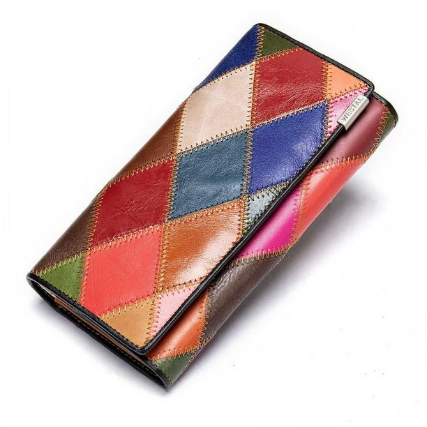 Sonducket Cartera de mujer PU cuero empalmado monedero colorido soporte para teléfono móvil multifunción bolsillo cierre a presión bolso con Carteras Mate/Rombo
