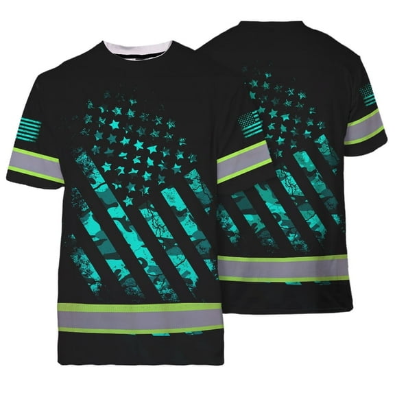 High Visibility Shirt Reflective Tapes Mint Neon US Flag Camo Custom Name for Workers, Runners, Truckers, Patriotic-4XL