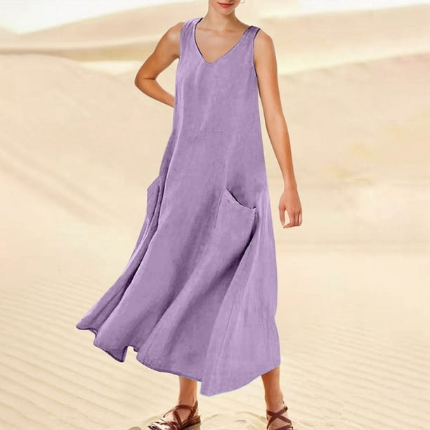 WILLBEST Vestido Corto De Verano Para Mujer, Color Liso, Sin Mangas, Cuello En V, Elegante, Holgado, Informal, Largo, Con Bolsillos, Cómodo Y Elegante Para Uso Diario.