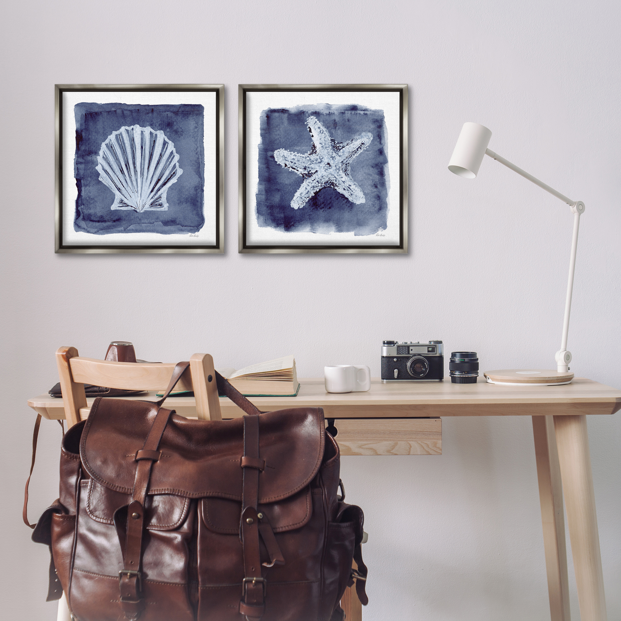 Stupell Industries Shell & Starfish Impressions Nautical & Beach Painting Gray Floater Framed Canvas Art Print Wall Art, 18 x 18, Set of 2