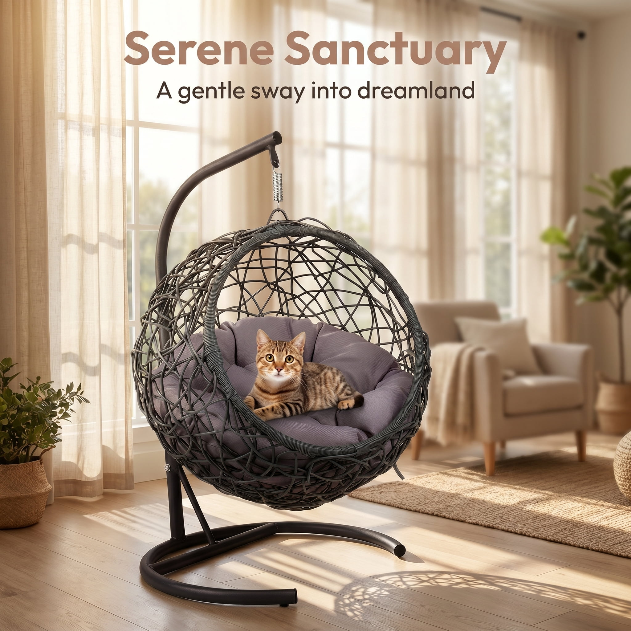 Gray Cat Swing Bed with Stand & Cushion, Rattan Wicker Egg Chair, Indoor Outdoor Hanging Hammock Bed for Cats, Small Dogs & Small Animals