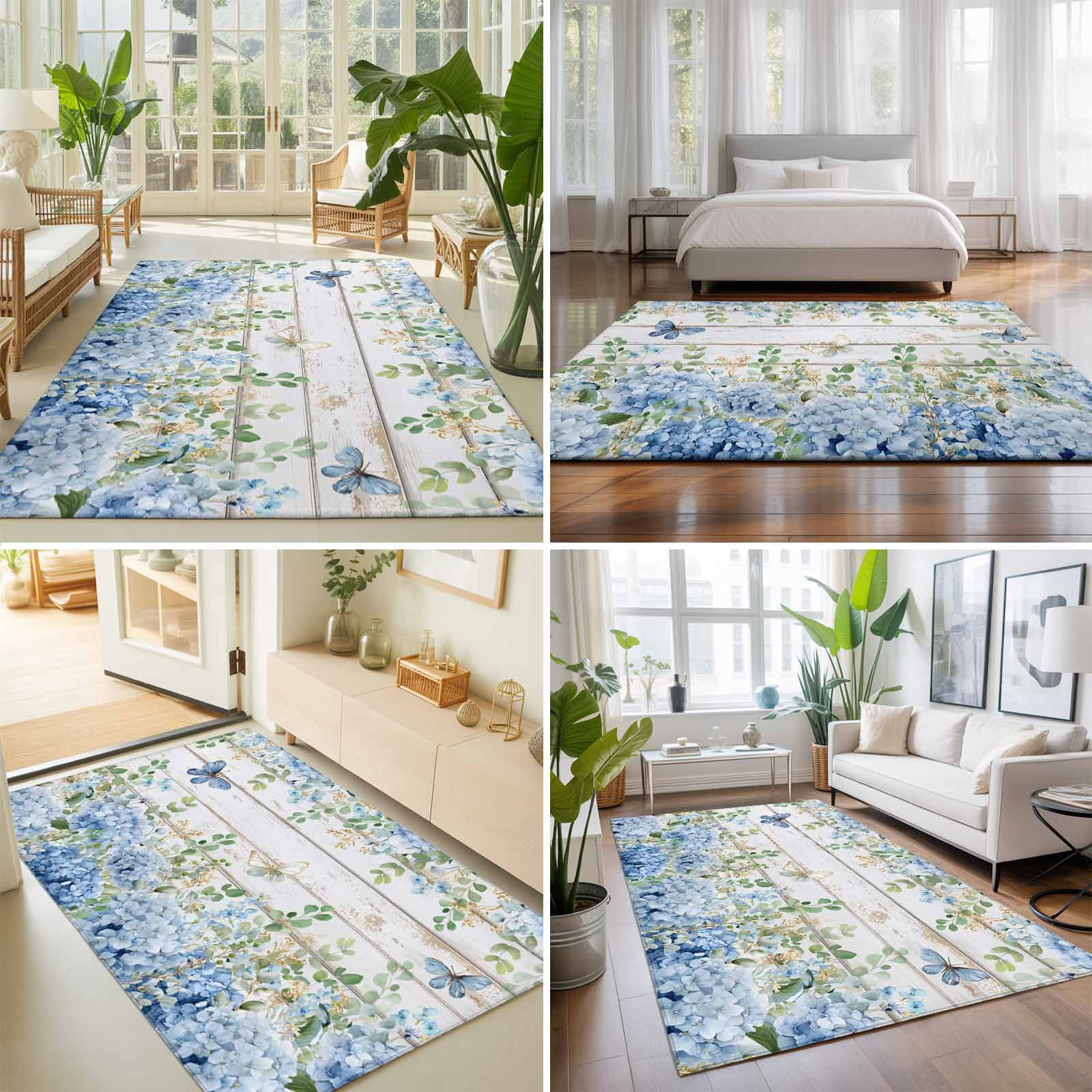 Area Rugs for Living Room 4x6 Ft, Blue Hydrangea Non Slip Area Rugs for Kitchen Bedroom Entryway, Spring Summer Eucalyptus Wooden Washable Carpet Runner Rug Floor Mats for Bedroom Home Decor
