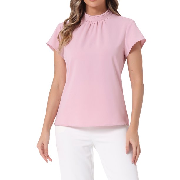 INSPIRAR CHIC Top de Trabajo para Mujer con Cuello Alto, Manga Corta, Espalda con Abertura, Blusa de Negocios Elegante M Rosa
