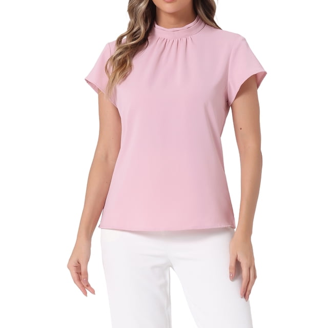 INSPIRAR CHIC Top de Trabajo para Mujer con Cuello Alto, Manga Corta, Espalda con Abertura, Blusa de Negocios Elegante M Rosa