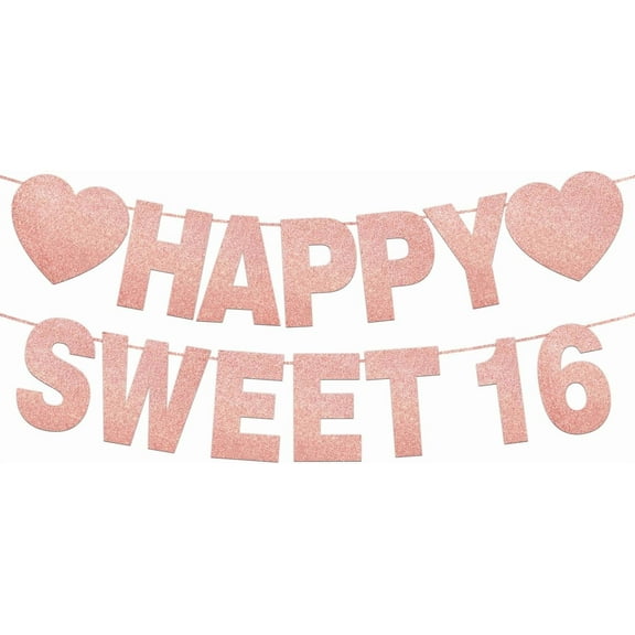 Happy Sweet 16 Banner for Party Decorations Sweet 16th Party Birthday Decorations for Girls Pre-Strung Rose Pink Glitter Sweet Banner