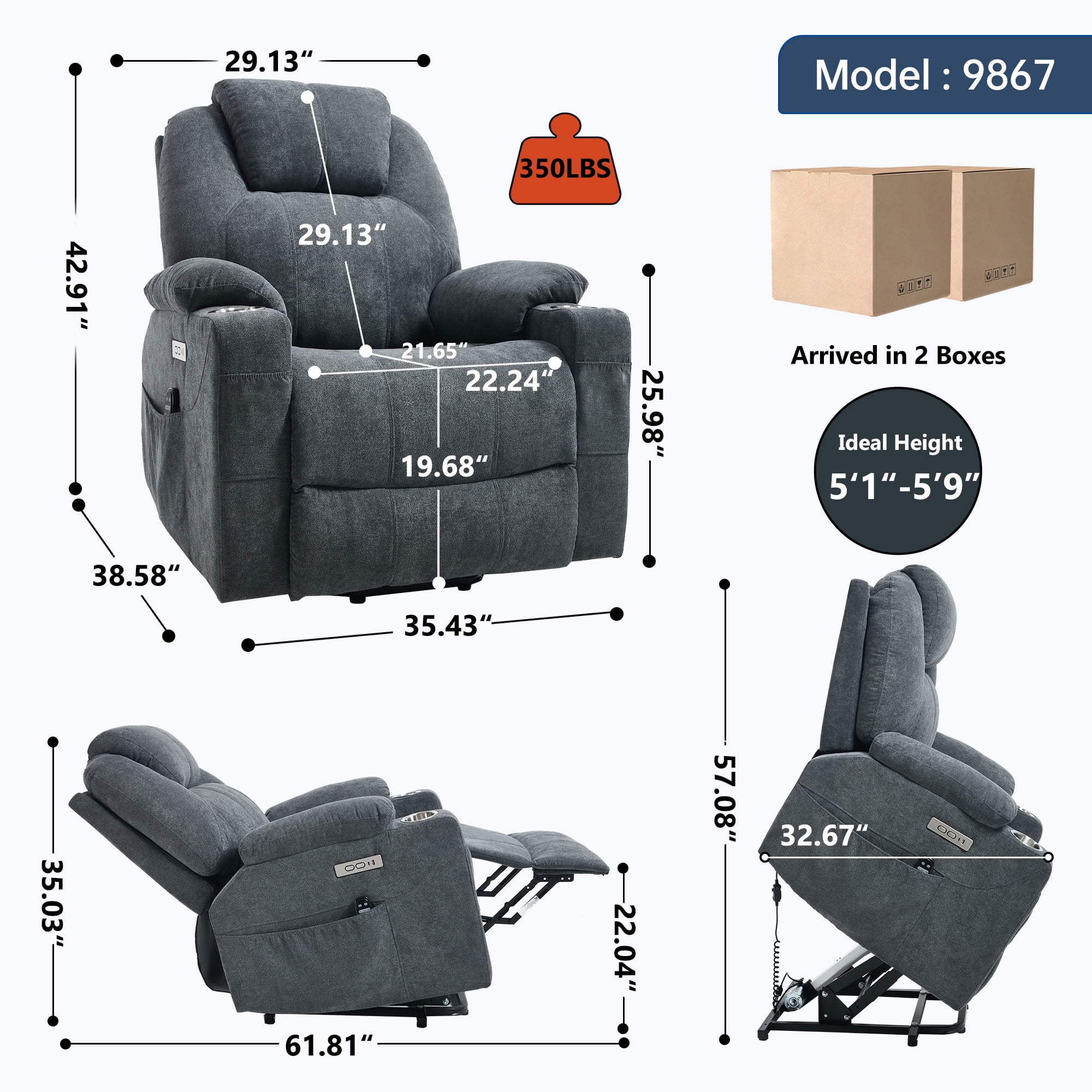 MAYEERTY Power Lift Recliner Chair for Elderly, Chenille Single Motor Electric Recliner with 8-Point Vibration Massage & Lumbar Heat, for Living Room Bedroom