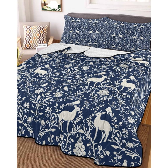 Navy Blue Boho Elk King Size Down Alternative Comforter, Lightweight Comforter Quilt Bedding Set with Pillow Shams Middle Century Vintage Botanical All Seasons Bed Comforter Duvet Insert 96"x106"