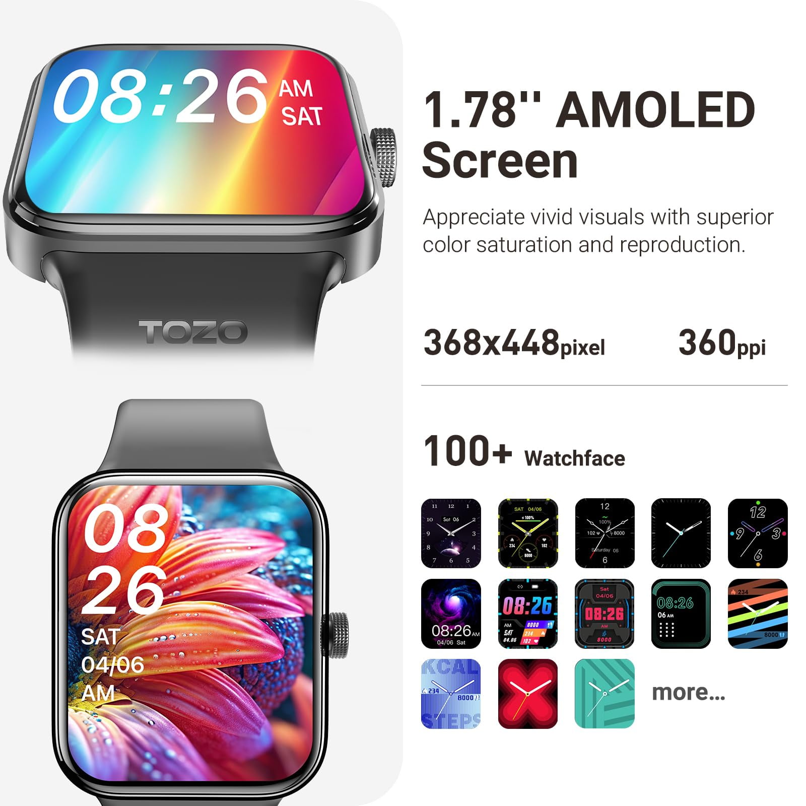 TOZO S4 Smart Watch for Men Women IP68 Waterproof Smartwatch for iPhone & Android, 1.78" Ultra-Clear AMOLED Screen, Bluetooth Call(Answer/Make Calls), 100+ Sports Modes, Fitness Tracker Sleep Monitor