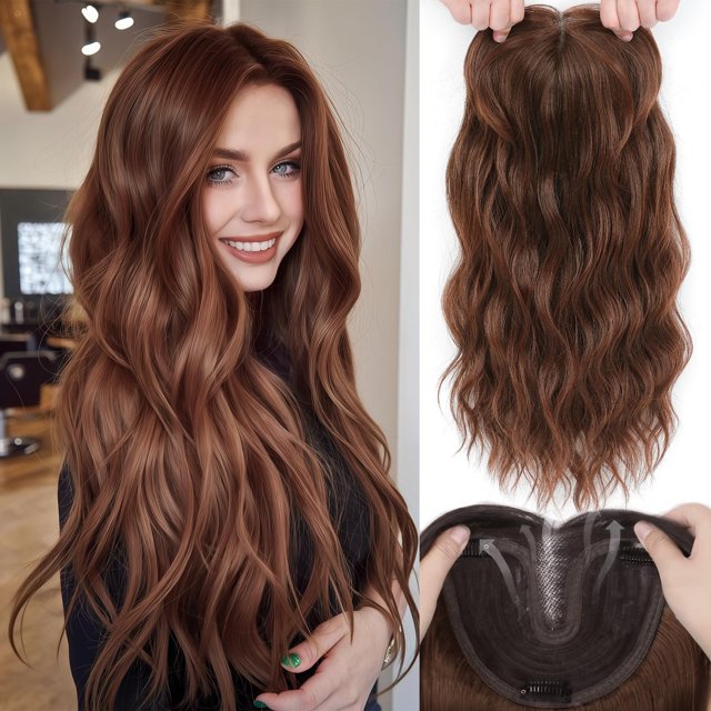 Toppers de pelo LEDIZE de 20 pulgadas atados a mano para mujer, color marrón castaño